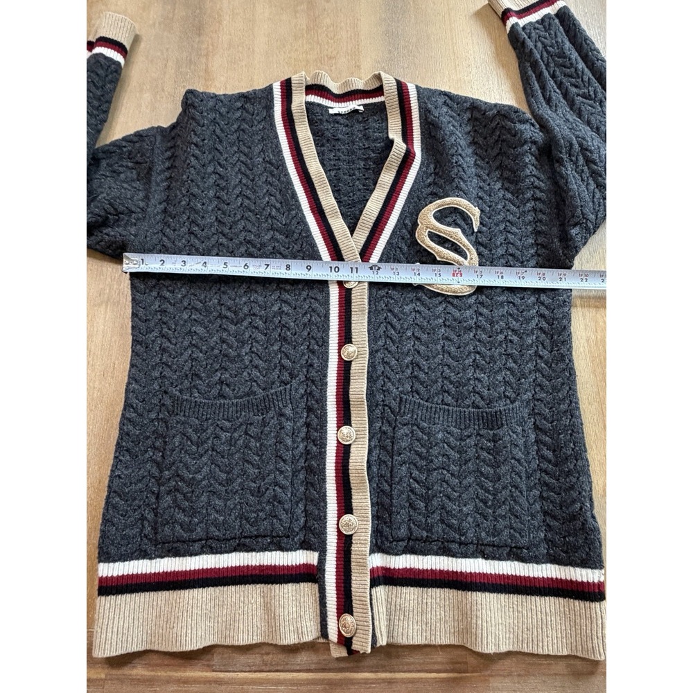 Sandro Paris Cardigan Wool Cable Knit Varsity Size 2, US Medium Monogram S - Picture 5 of 15
